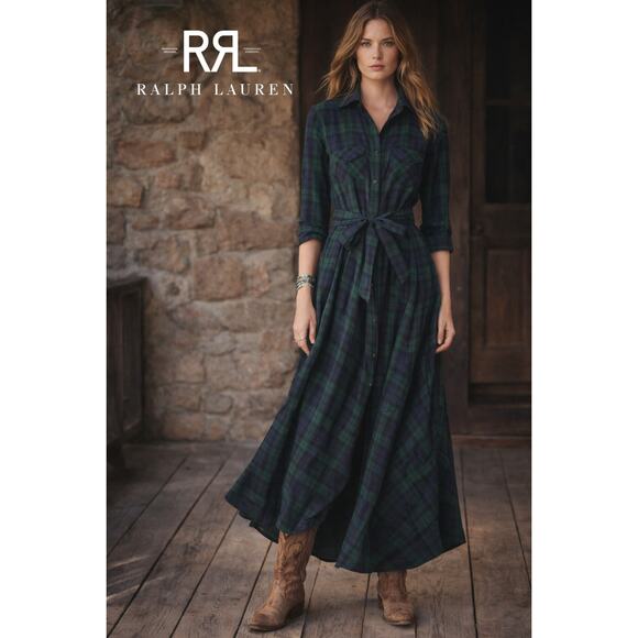 RRL Ralph Lauren Dresses & Skirts - RRL Women's Ralph Lauren Black Watch Plaid Maxi Dress Green Navy Small